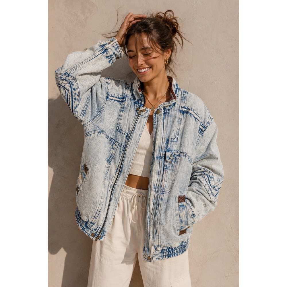 Eagles Ridge Denim Bomber Jacket Light Blue Acid Wash Vintage‎ 80s Zip